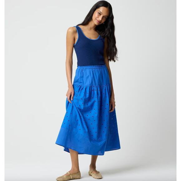 J.Crew Drop Waist Eyelet Midi Skirt Bright Grotto Blue A Line Cotton Small NWT - Picture 1 of 12